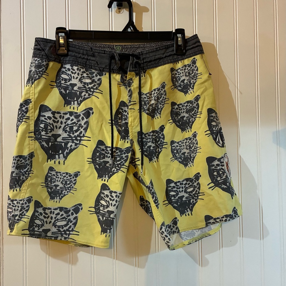 Volcom Yellow Board Shorts with Black Leopard Heads